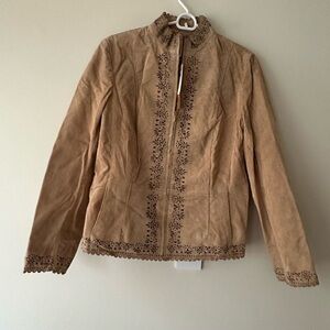 ColdWater Creek Camel Color Suede Leather Jacket  Embroidery & Eyelet Sz S NWT